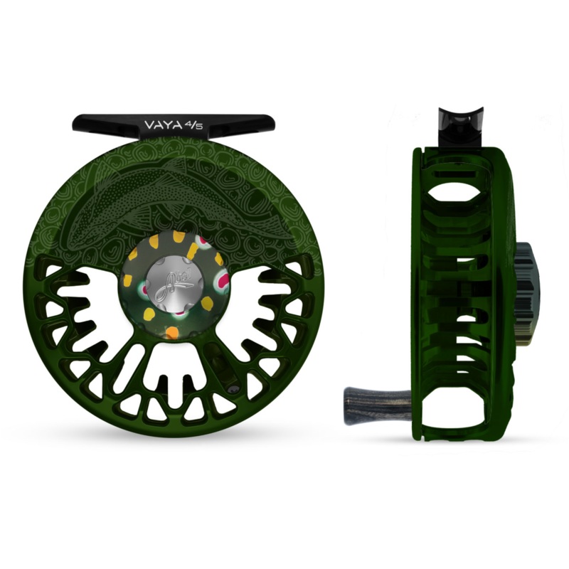 Abel Vaya 4/5 Fly Reel – Deep Green Finish With Underwood Sight Fish Engraved Design / Native Brook Drag Knob & Ebony Wood Handle