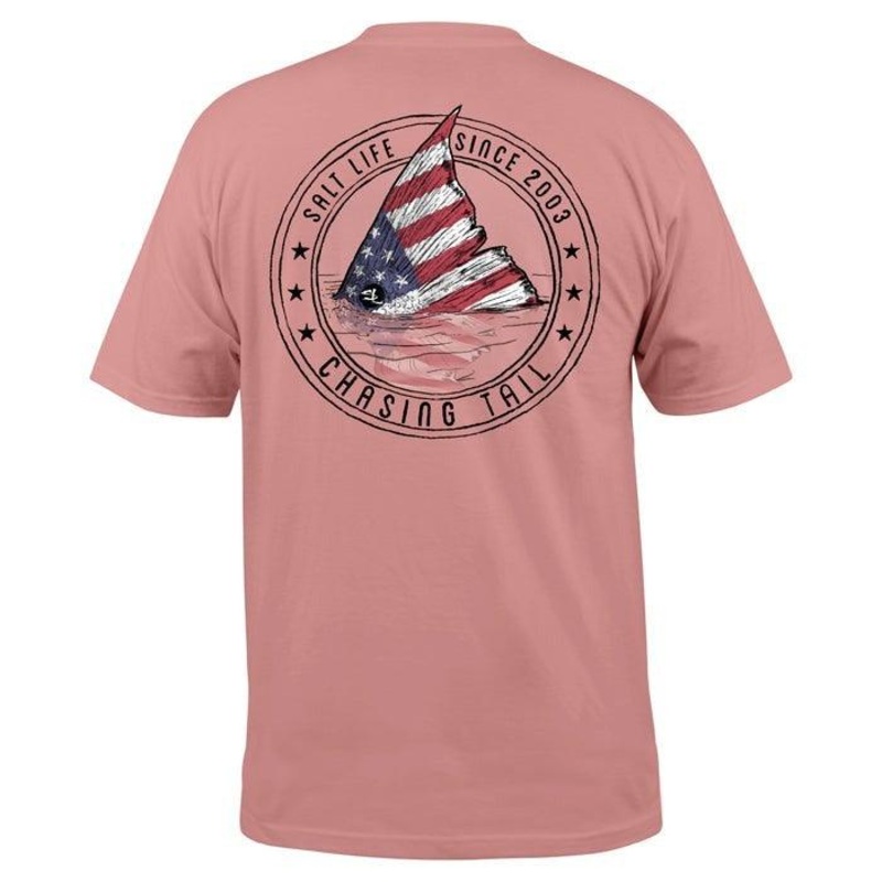 Salt Life Redfish Stars and Stripes Pink Clay Short Sleeve Pocket Tee