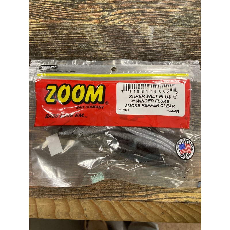 Zoom Winged Fluke 4″ Smoke Pepper Clear
