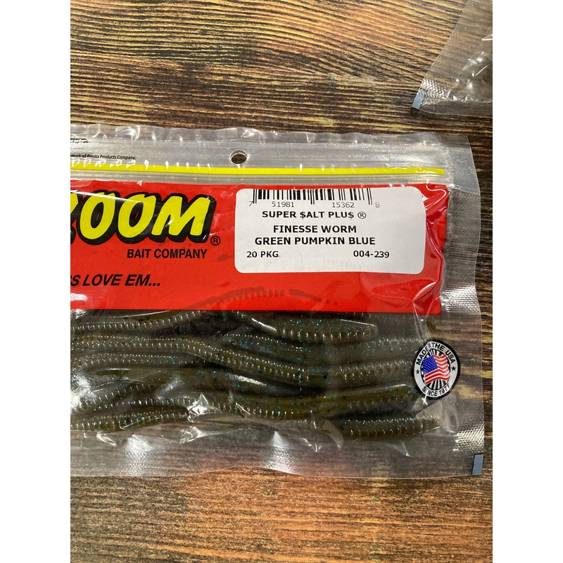 Zoom Finesse Worm 4.5″ Green Pumpkin Blue