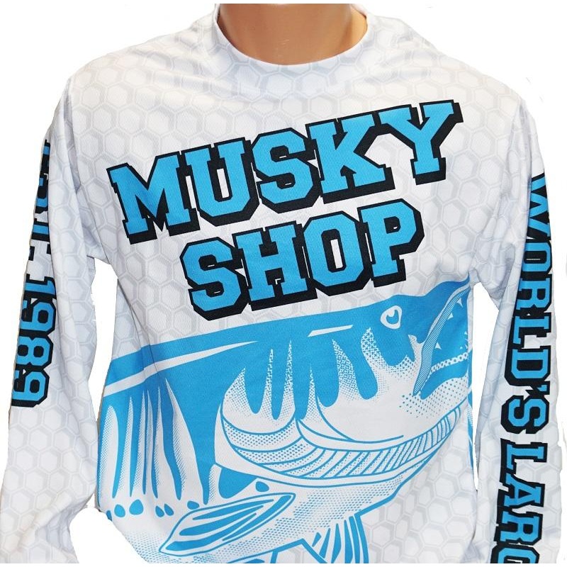 Musky Shop Long Sleeve  Performance T-Shirt Crew Jersey Blue White