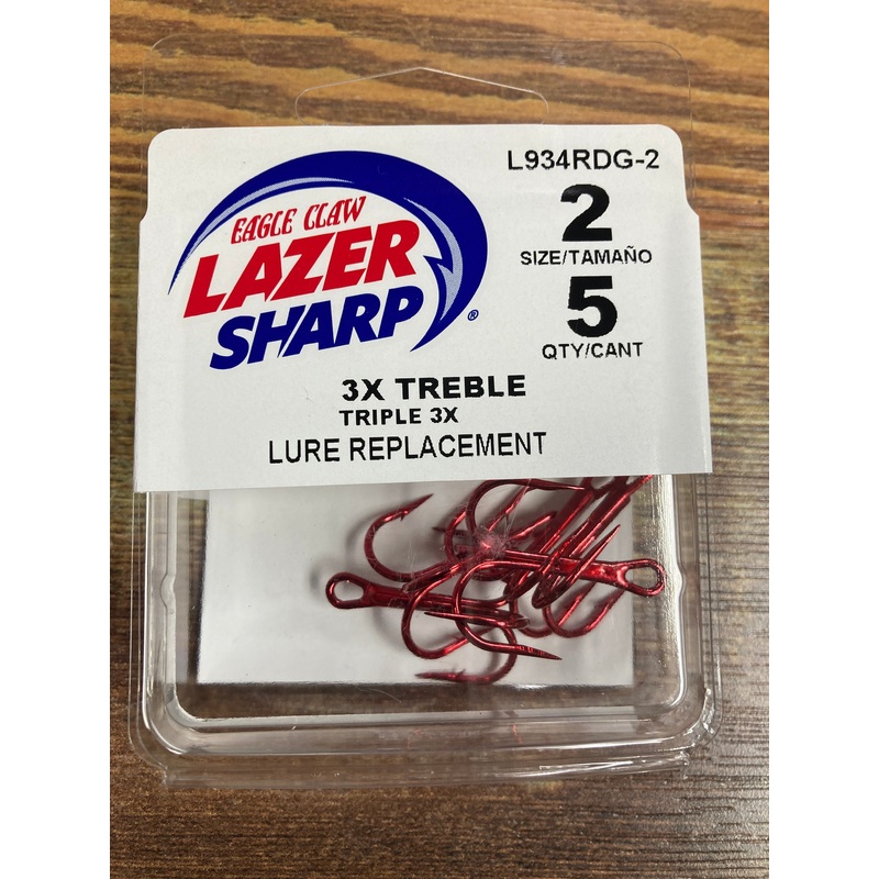 Eagle Claw Lazer 3X Treble Hooks – Sz 2 Red