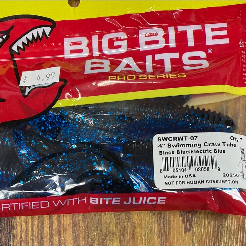 Big Bite Baits 4 Swimming Craw Tube Black Blue Electric Blue